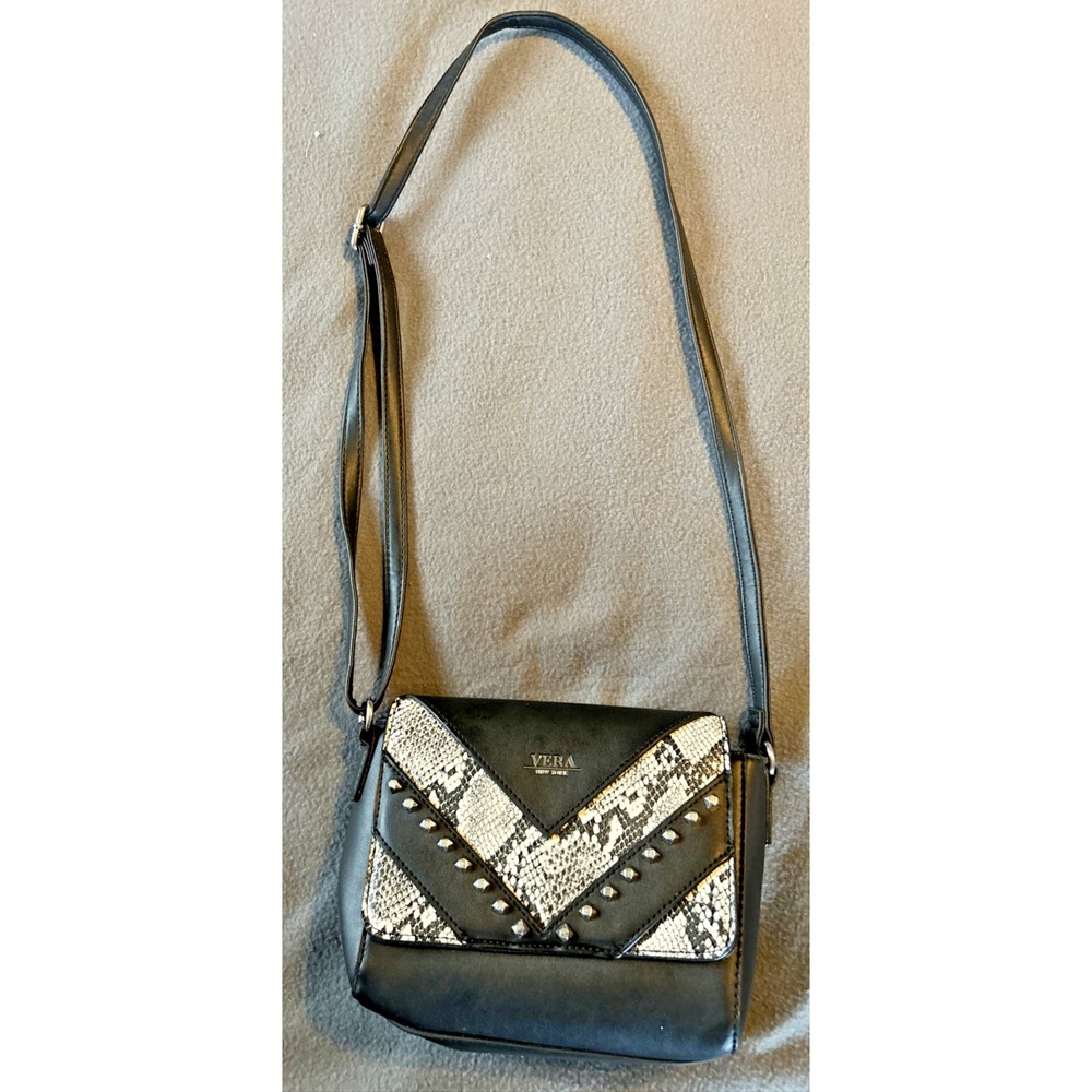 Vera New York Black White Faux Snake Skin Silver‎ Toned Studded Crossbody Purse